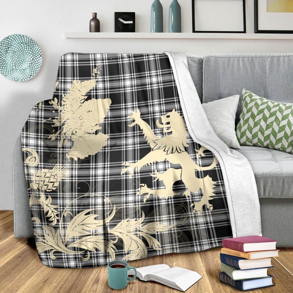 Tartan Blanket Menzies Black And White Modern Tartan Scotland Lion Thistle Map Plaid Blanket