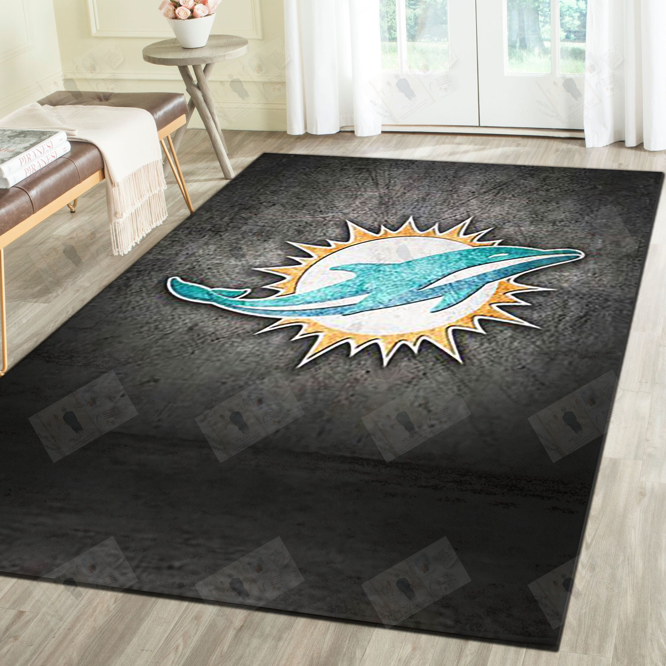 Miami Dolphins Rug, Football Team Living Room Carpet, Sports Floor Decor