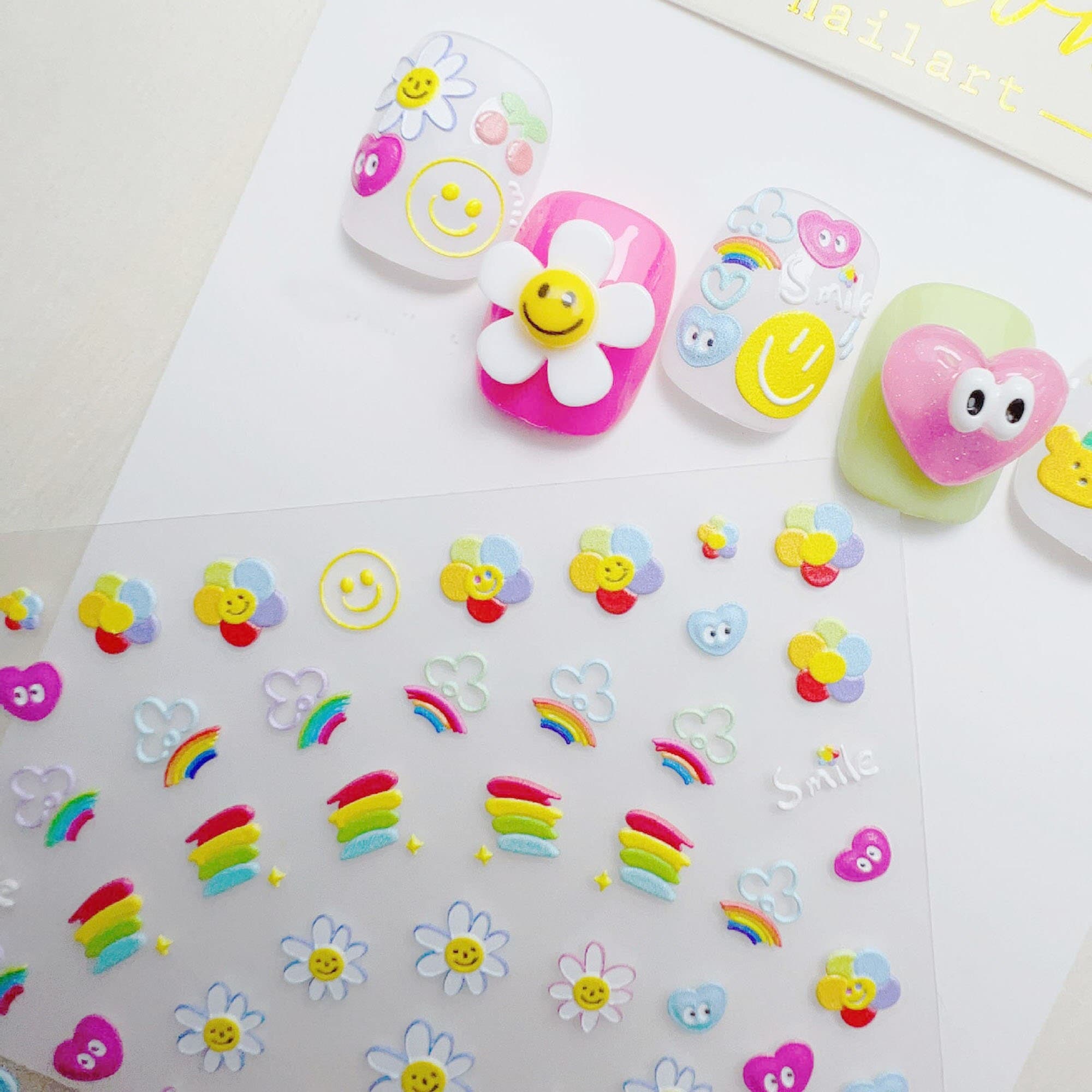 Sunflower And Rainbow Nail Stickers, Kawaii Flowr Nail Decals, Cute Nail Stickers, 5D Embossed, Flower Nail Art, DIY Nails