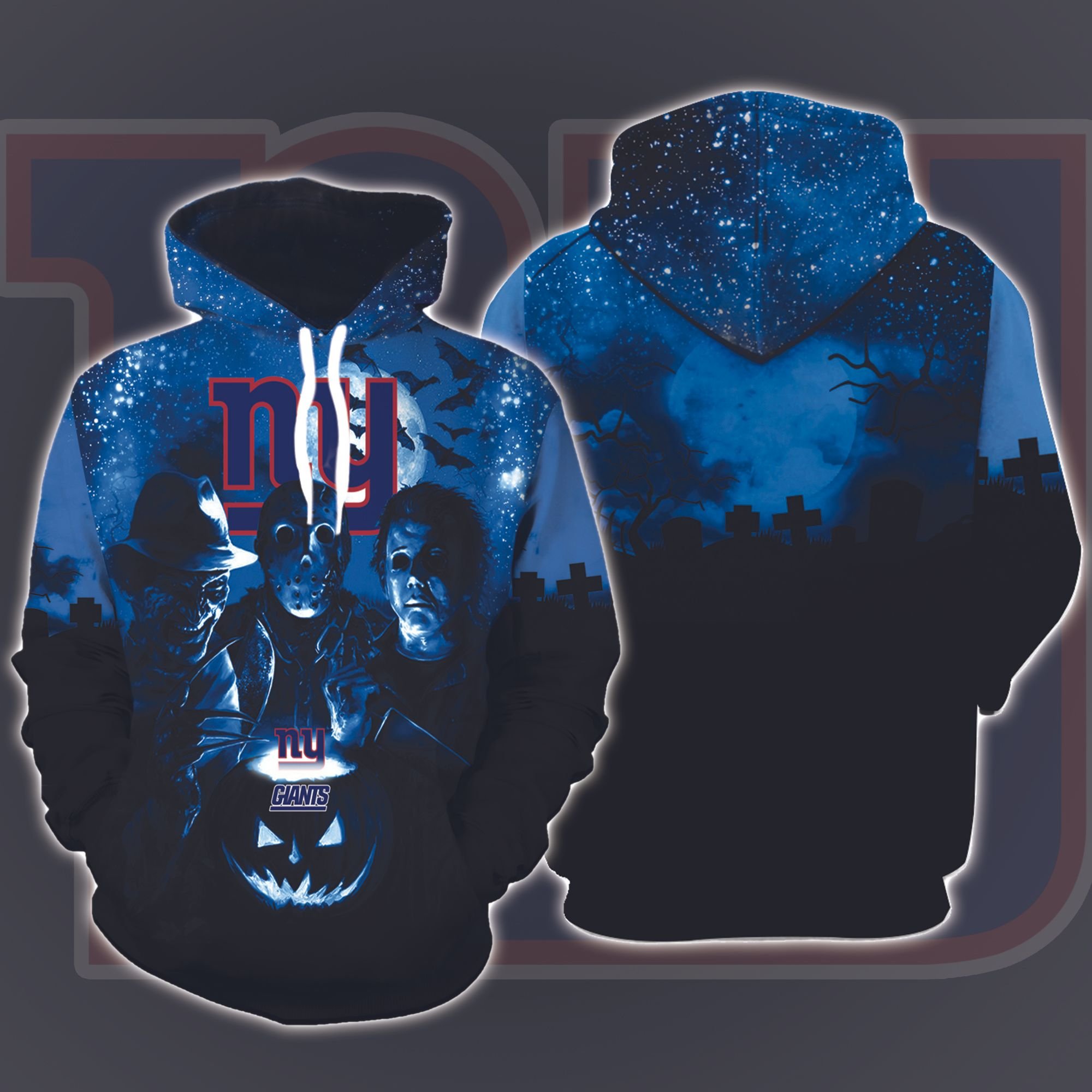 New York Giants Halloween and Michael Myers, Jason Voorhees, Freddy Krueger 3D Printed Hoodie