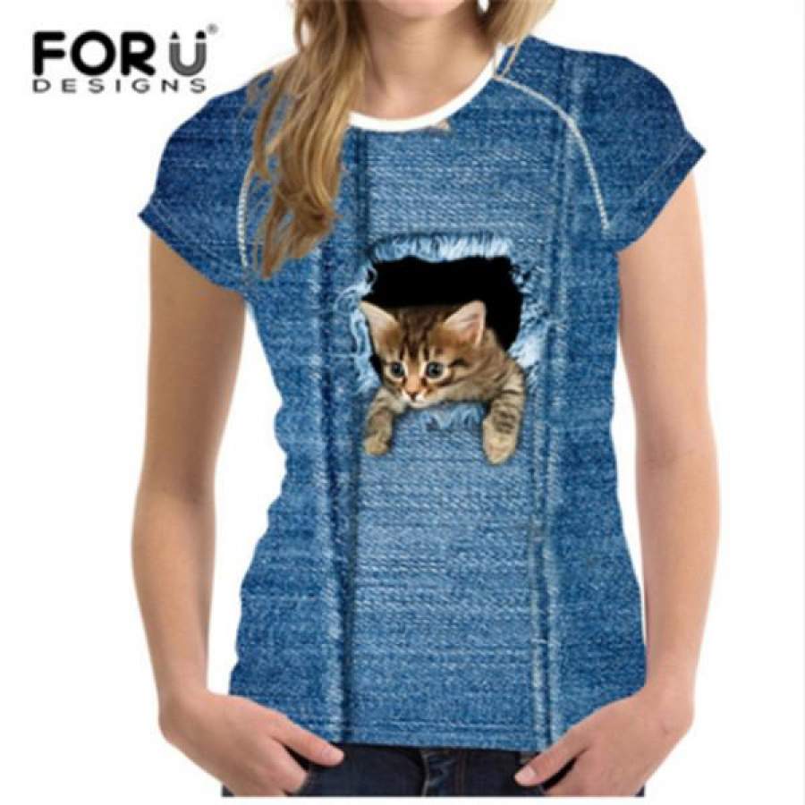Cute 3D Animal Denim Cat T Shirt for Women