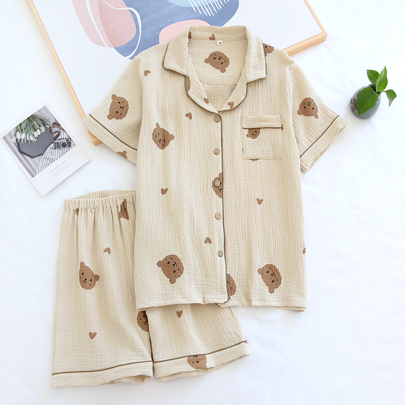 Summer Couple Pure Cotton Bear Love Cute Pajamas Set Sleepwear Female Short-Sleeved Pijama Suit Loungewear Crepe Ladies Pyjama alx