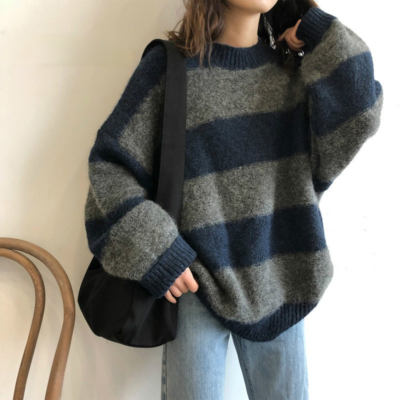 Women Oversized Sweater Vintage Striped Loose Pullover Streetwear Autumn Knitted Sweater Women Winter Tops Jumper Femme 2021 alx