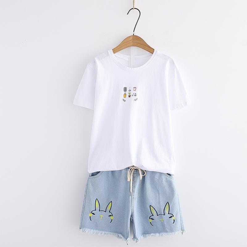 Bike Print T-Shirt Rabbit Embroidery Denim Shorts Set