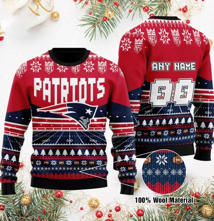 New England Patriots Custom Name Number Red Blue Gift For Fan Ugly Wool Sweater Christmas