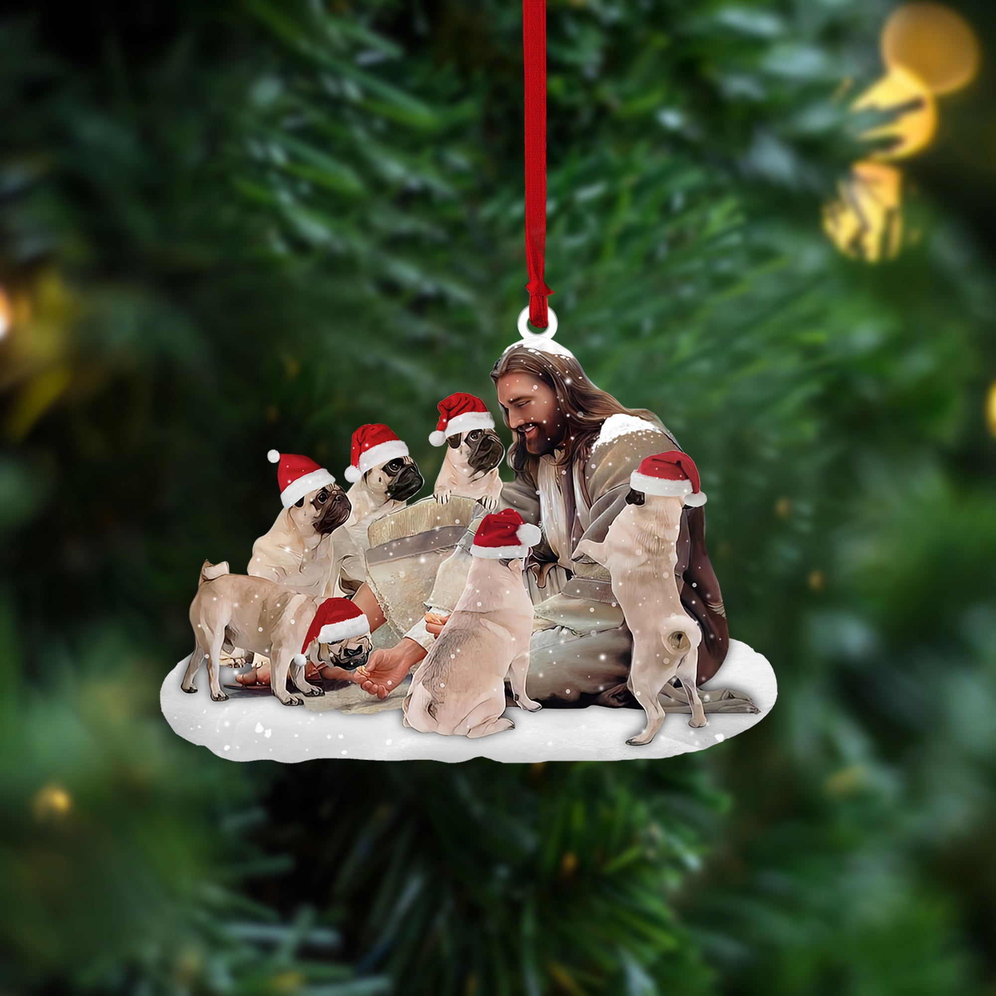 Pug And Jesus Christ Acrylic And Wooden Ornament, Christmas Gift Decoration For Dog And God Lovers