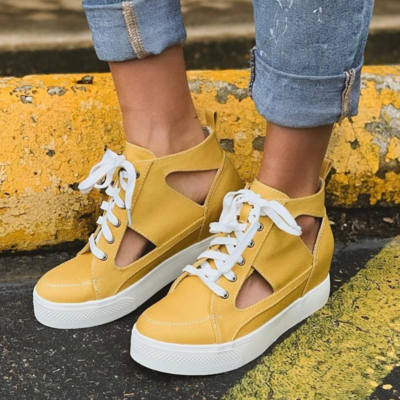 Women Lace Up Wedge Hollow Leopard Canvas Casual Shoes