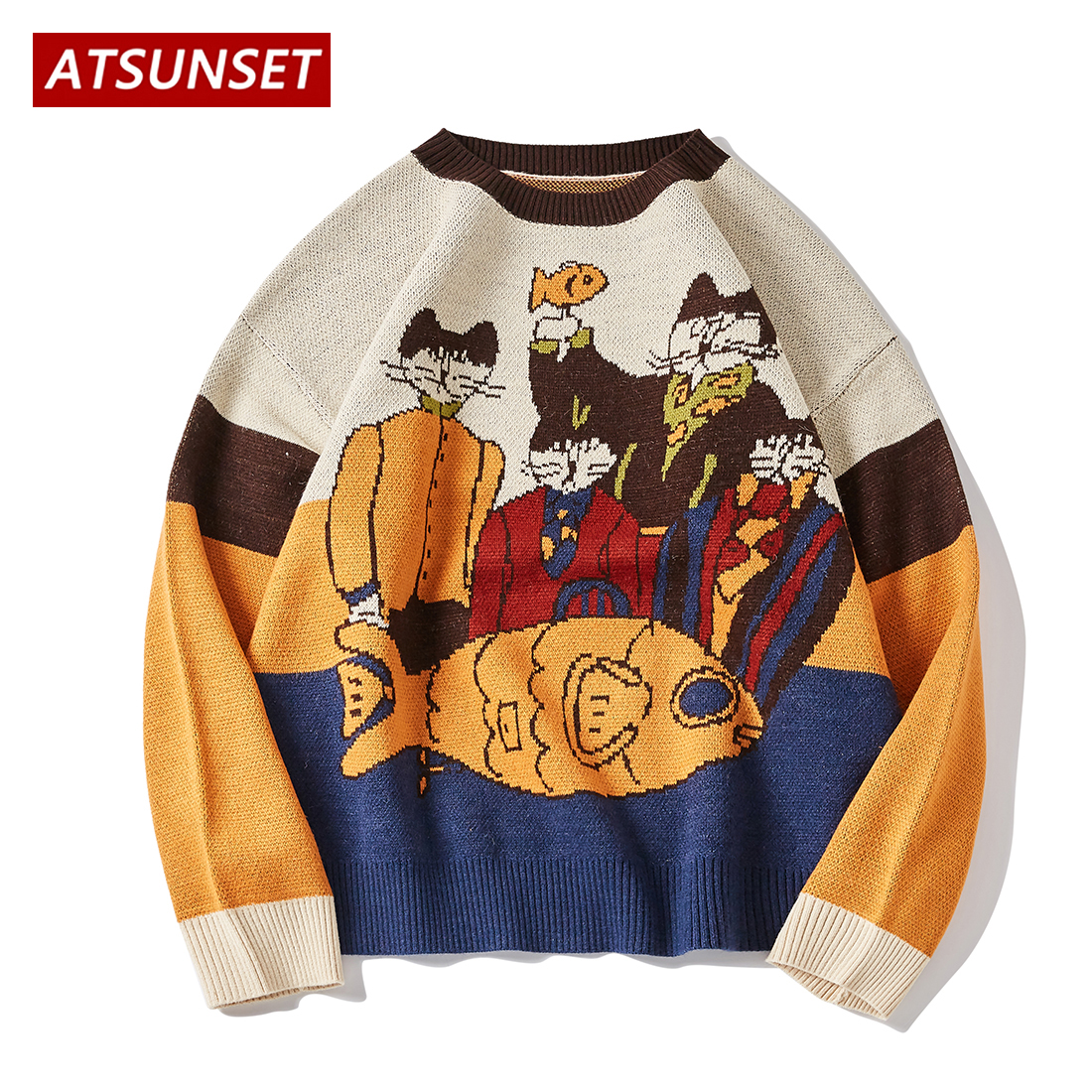 ATSUNSET Cartoon Cat Demon Embroidery Sweater Harajuku Retro Style Knitted Sweater Autumn And Winter Cotton Pullover Top alx