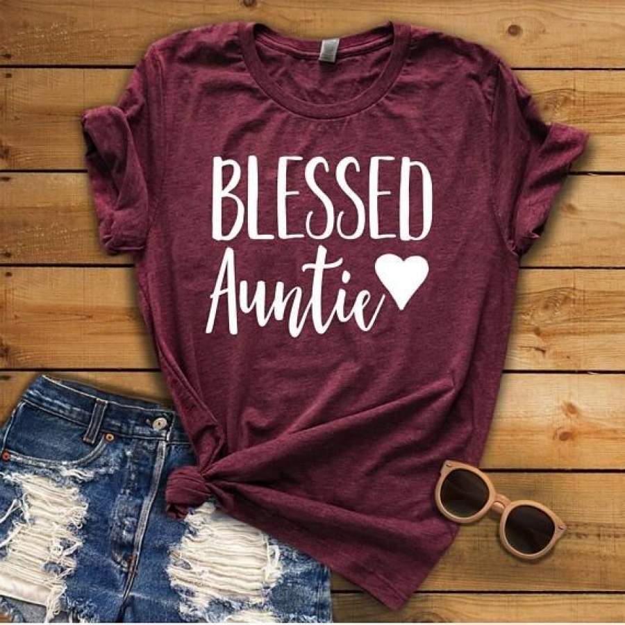 Women’S T-Shirt Blessed Auntie Letters Printed Women O-Neck Casual Cotton Funny T-Shirt Aunt Life Shirt Maroon