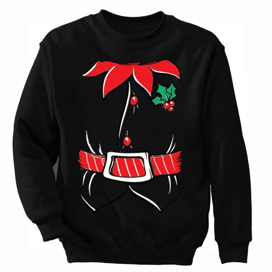 XtraFly Apparel Men’s Mens Elf Shirt Poinsettia Holly Belt Ugly Christmas Pullover Crewneck-Sweatshirt