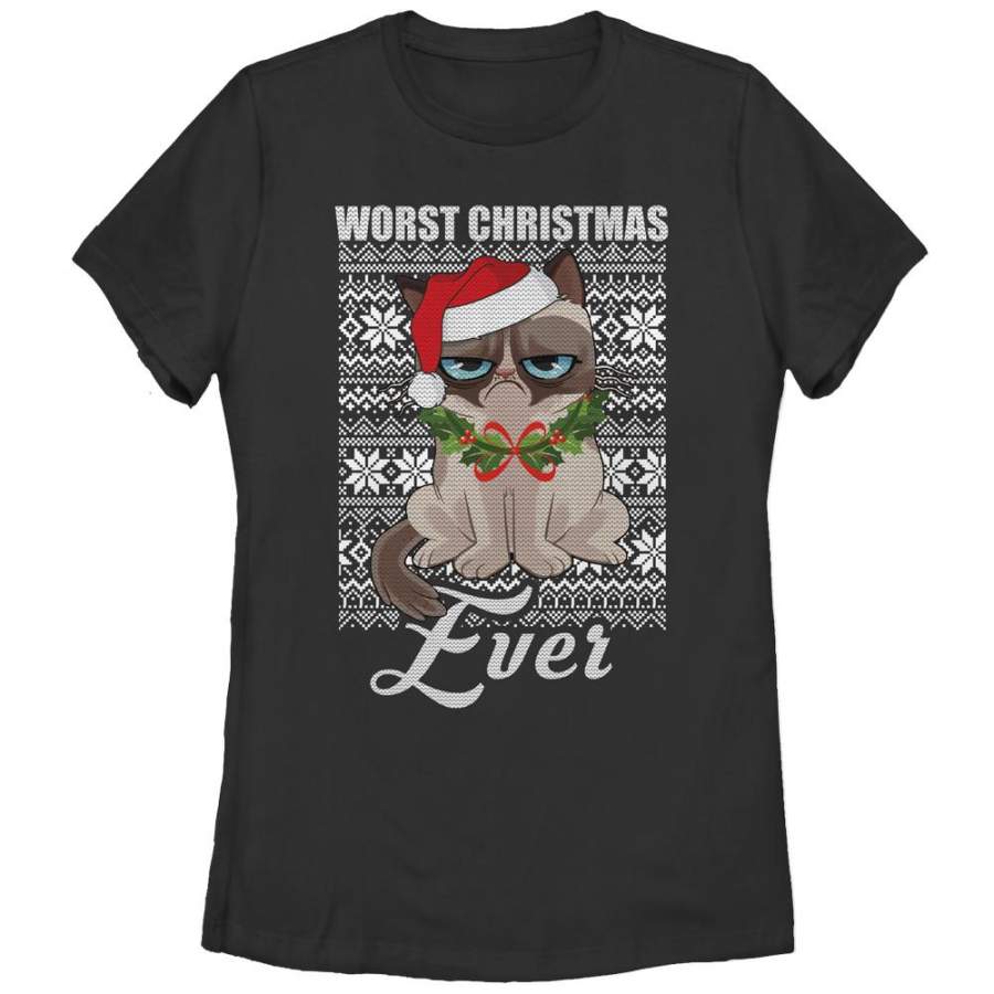 Grumpy Cat Women’s Ugly Christmas Worst Ever  T Shirt Black