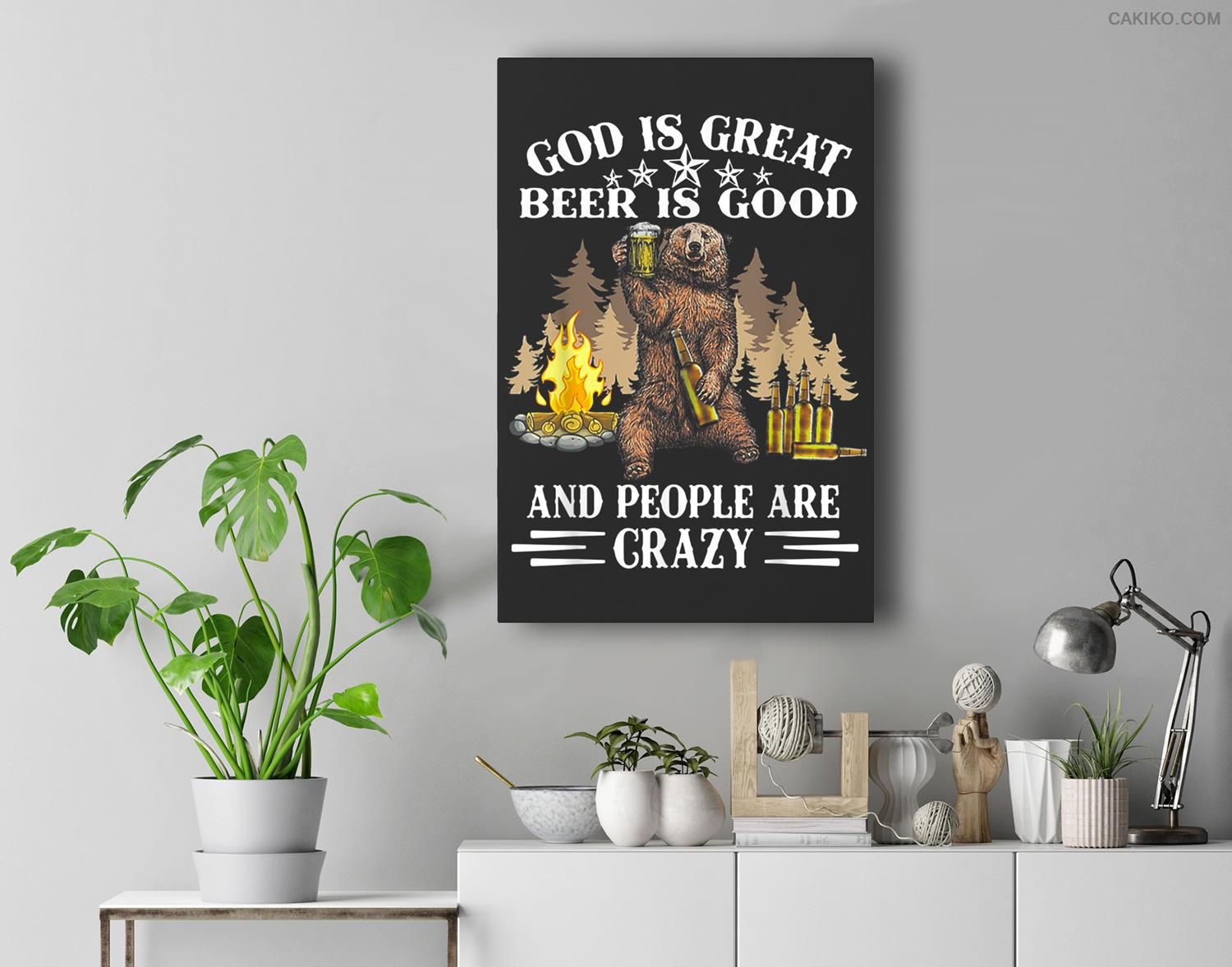 Bear Camping God Is Great Beer Is Good And People Are Crazy Premium Wall Art Canvas Decor