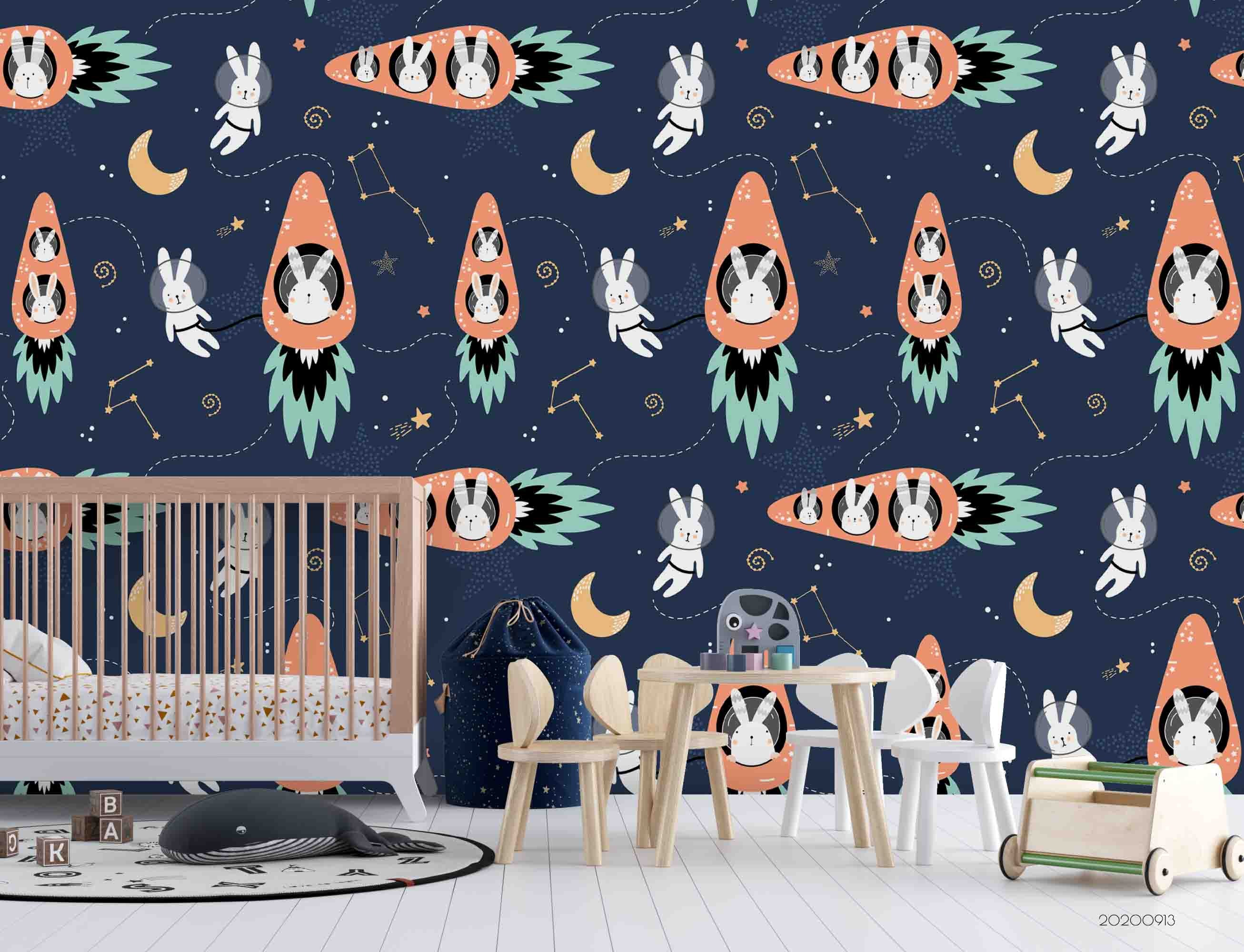 3D Cartoon Space Astronaut Bunny Carrot Spaceship Wall Mural Wallpaper Lxl