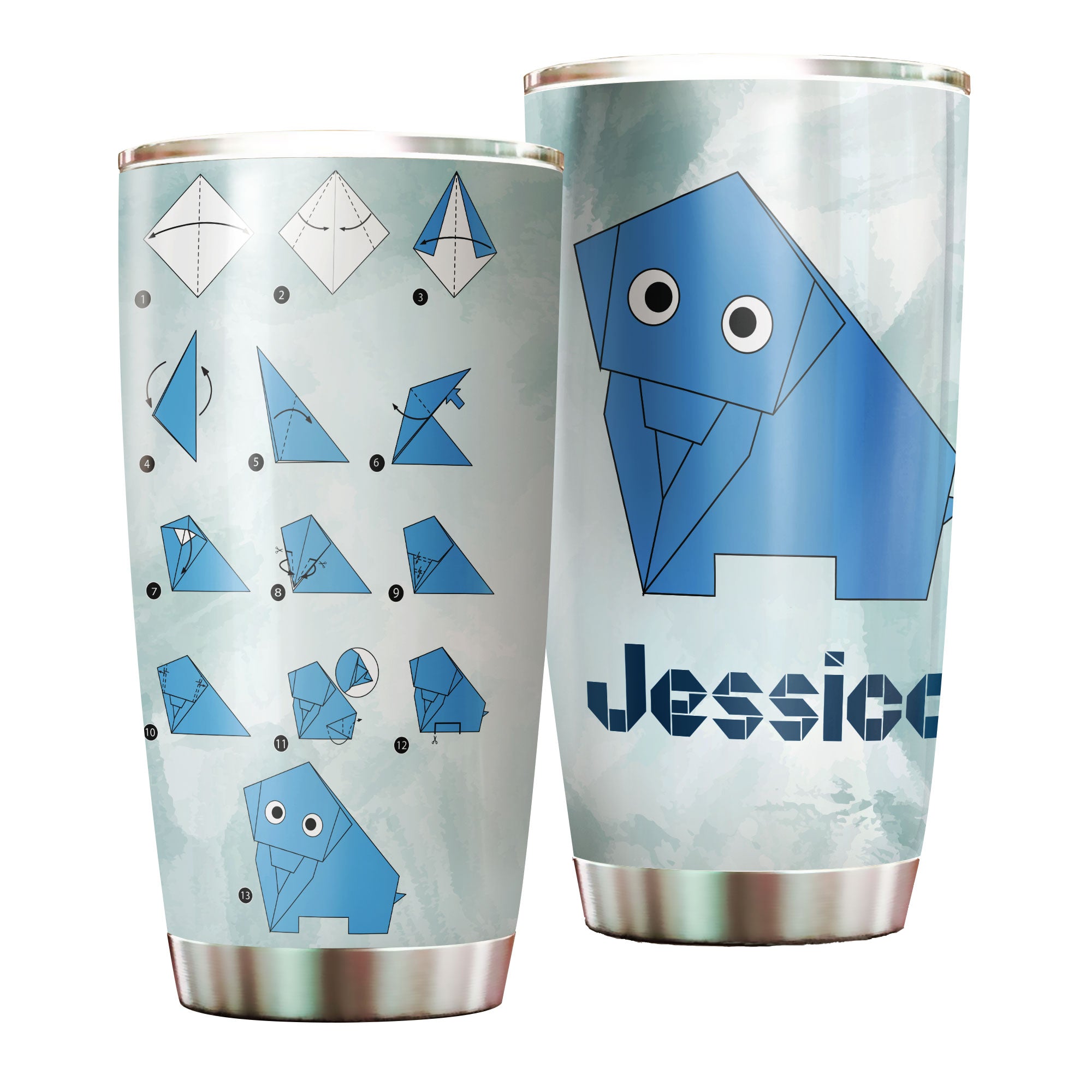 Personalized Cute Elephant Origami Stainless Steel Tumbler-Double- Walled Insulation Cup With Lid Travel Mug