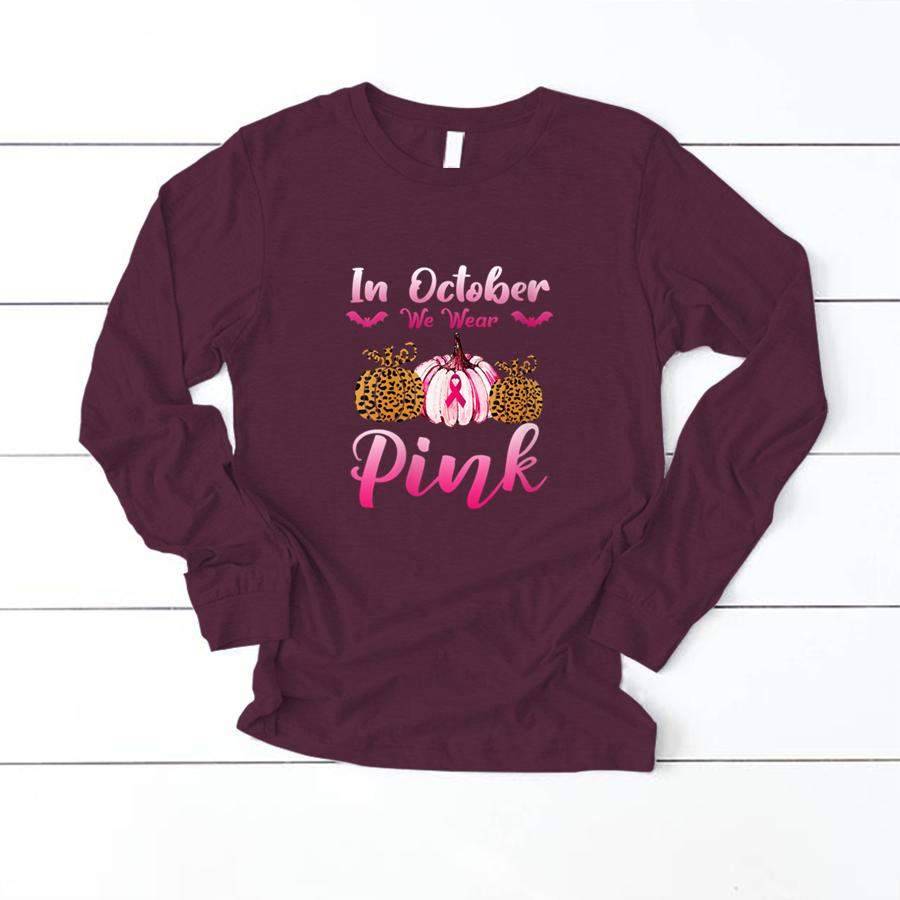 Womens In October We Wear Pink Pumpkin Breast Cancer Leopard V Neck T Shirt