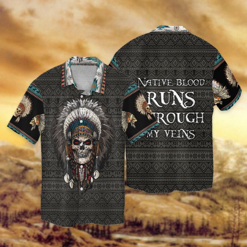 Native Skull Blood Runs Through My Veins Graphic Print Short Sleeve Hawaii Casual Shirt Ha24306