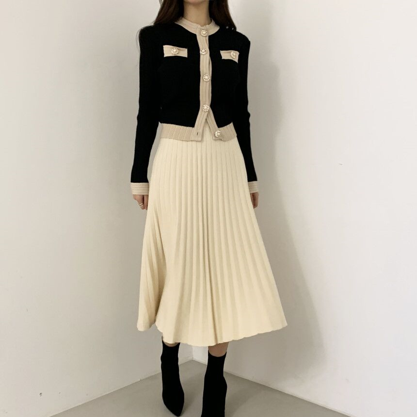 Chic Office Ladies Single Breasted Pearl Buttons Cardigan Sweater+Pleated Long Skirt Suit 2020 Spring Autumn Knitted 2 Piece Set alx