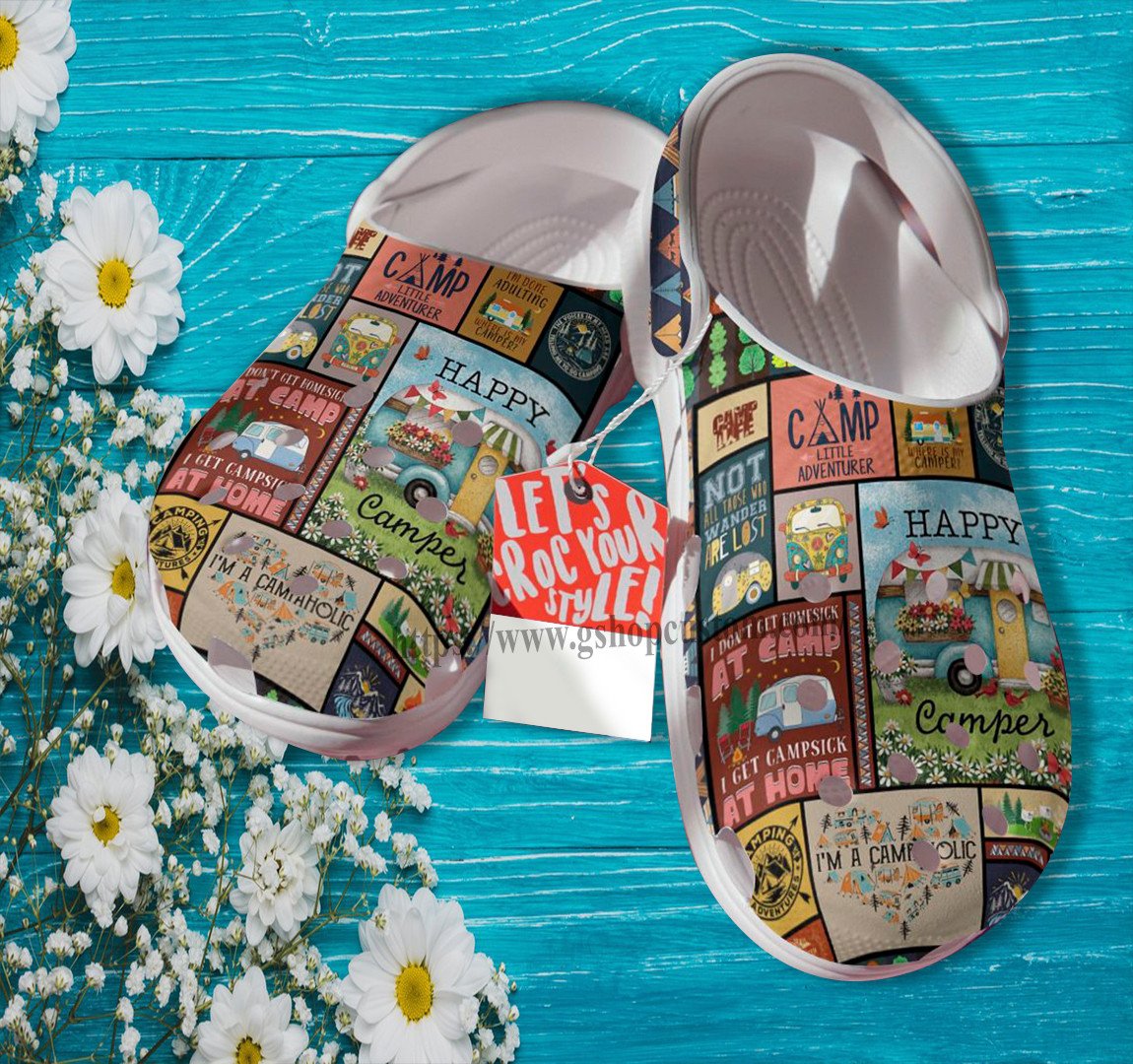 Happy Camper Sticker Croc Shoes Gift Niece- Hippie Camping Banner Shoes Croc Clogs Gift Grandaughter- Cr-Ne0368