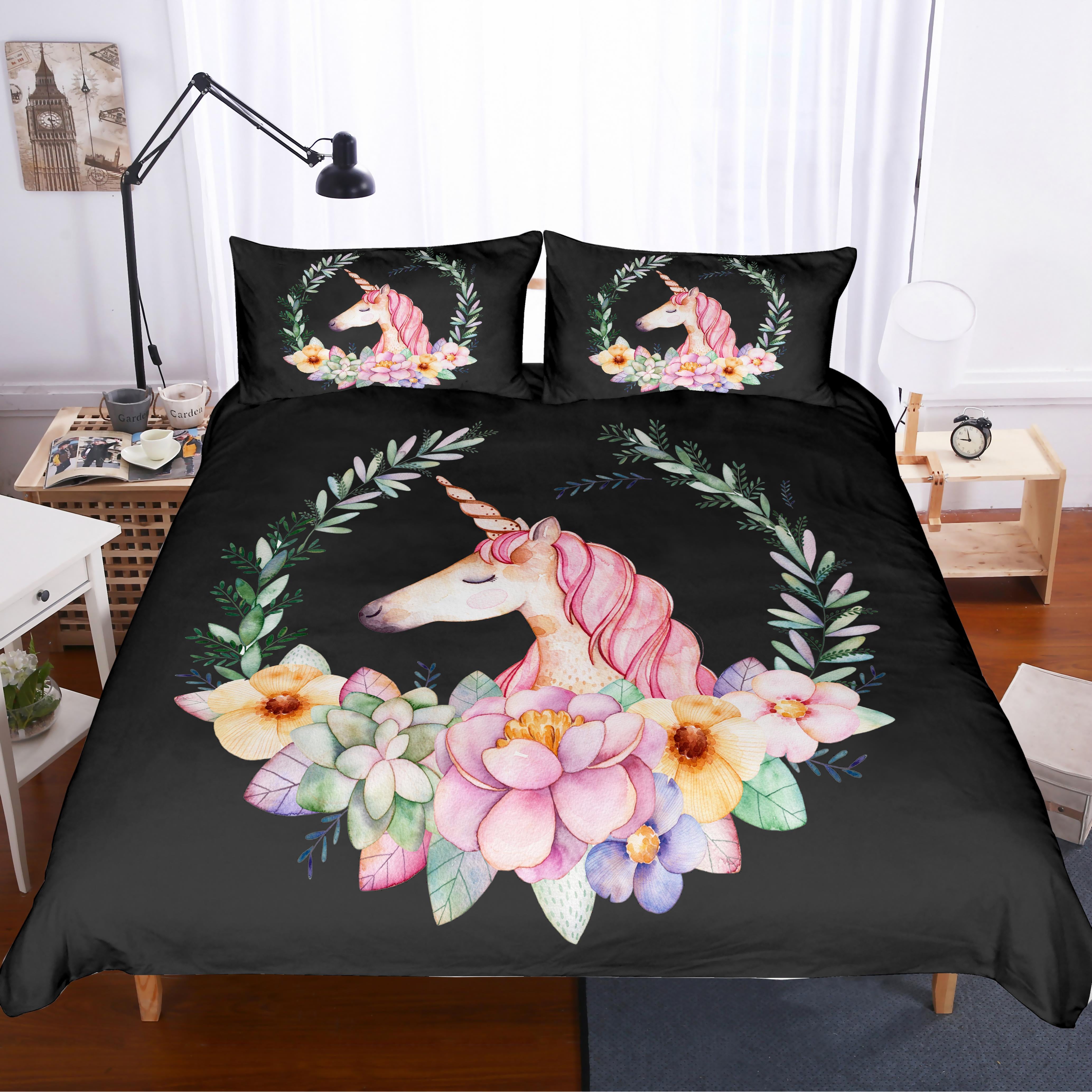 3D Black Succulents Unicorn Floral Quilt Cover Set Bedding Set Pillowcases 157