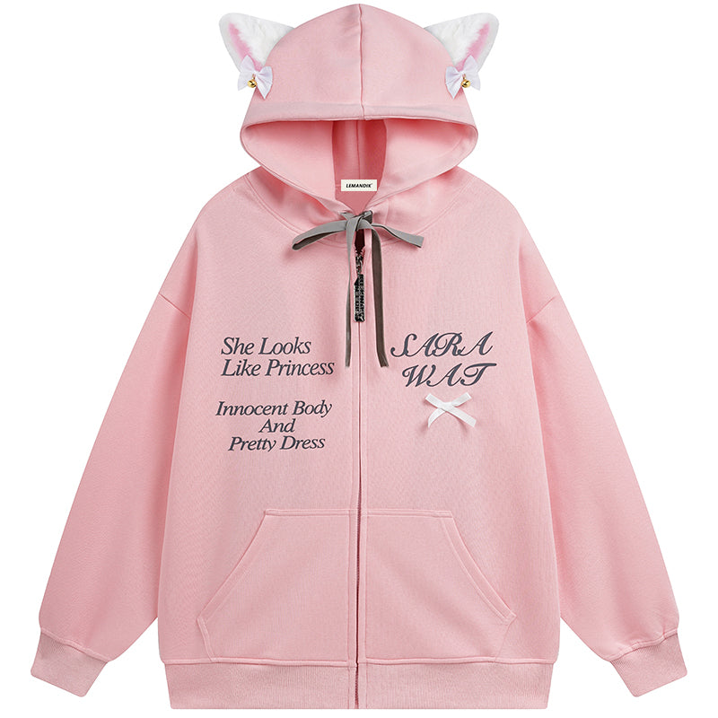 Lemandik Women Full Zip Hoodie With Cat Ears