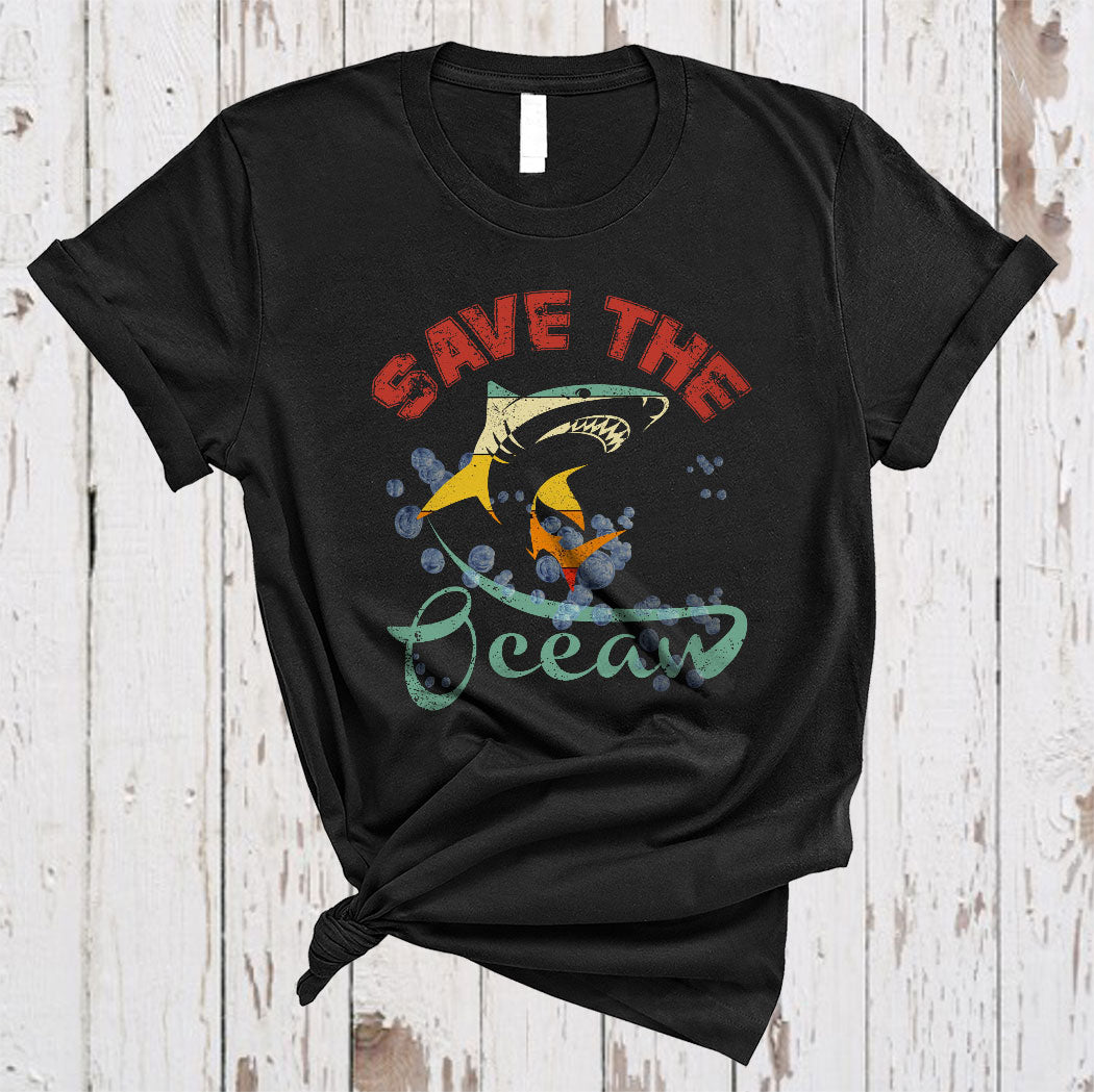 Vintage Save The Ocean Funny Matching Shark Sea Animal Lover Shark Earth Day T-Shirt