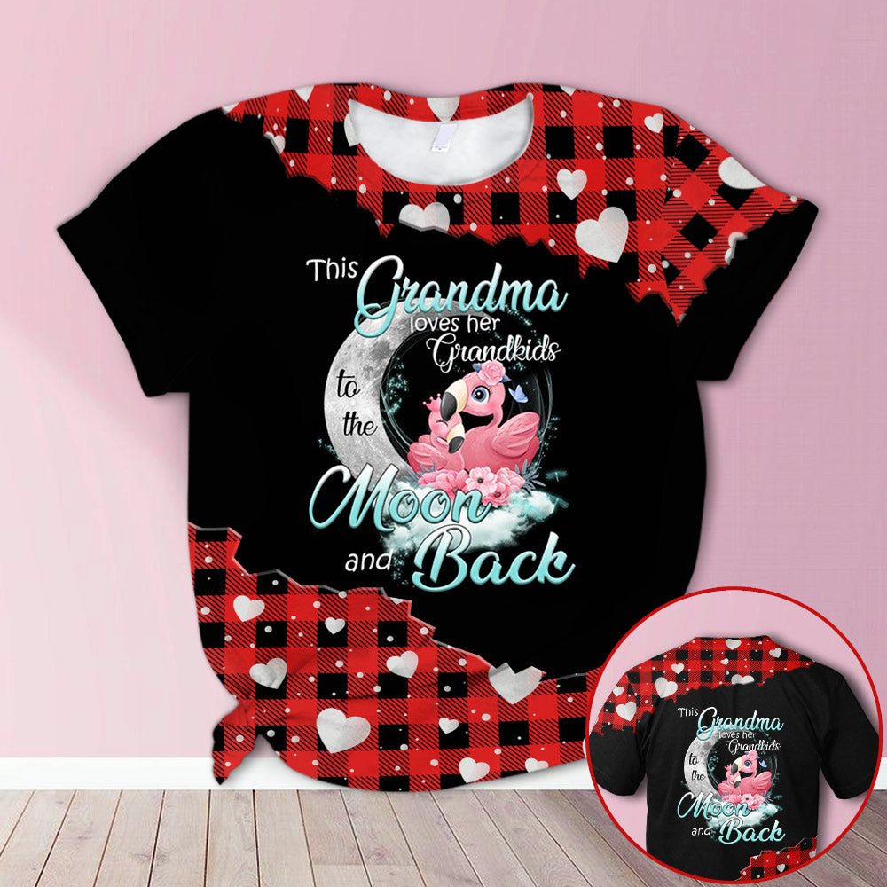 Personalized Love Grandkids To The Moon And Back Flamingo Galaxy Red Plaid All Over Print Shirts, 3D Shirts For Grandma Hn98 Do99