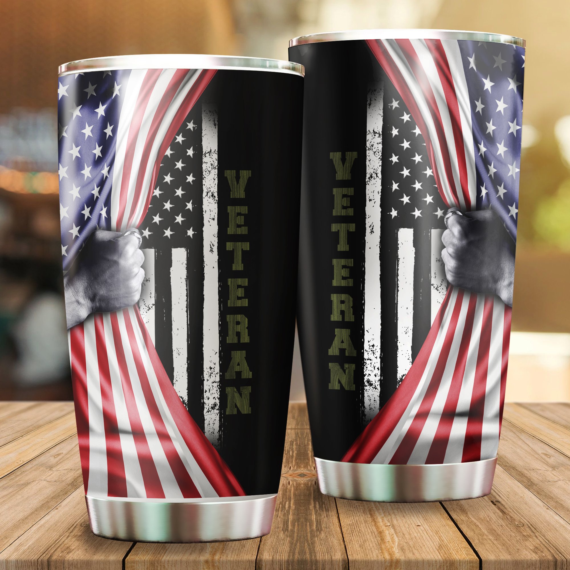 US Veteran American flag camo stainless steel tumbler