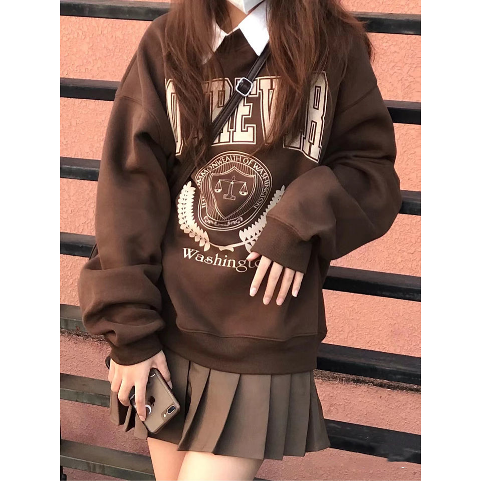 Spring Short Skirt Suit for Cool Girl American Retro O-Neck Sweatshirt + High Waist Pleated Skirt Harajuku Playful Two-piece Set alx