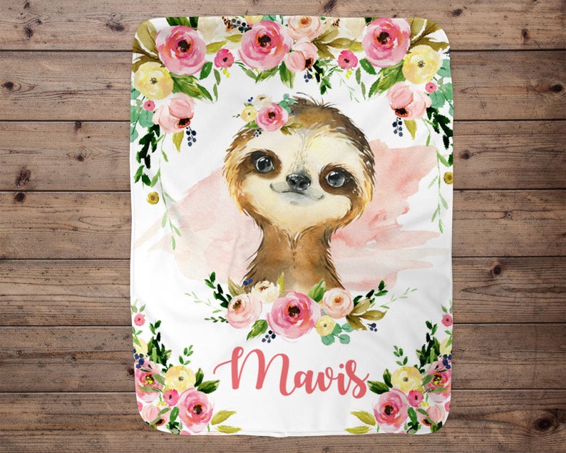 Sloth Personalized Baby Blanket, Baby Blanket, Name Baby Blanket, Girl Baby Gift, Girl Sloth Blanket