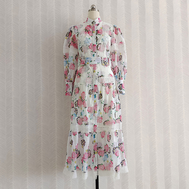 Autumn Spring Women’s Designer Stanad Collar High-rise Belt floral print Dress C491 alx