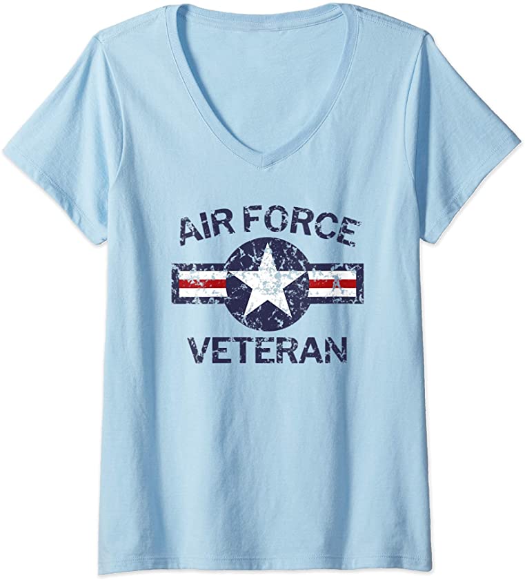 Womens Air Force Veteran with Vintage Roundel Grunge V-Neck T-Shirt