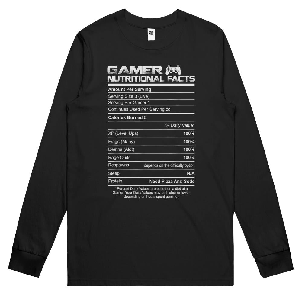 Nutritional Facts Shirt, Gamer Nutrition Facts Shirt, Gamer Nutritional Facts Novelty Video Game Lover World Gamer Long Sleeve T Shirts