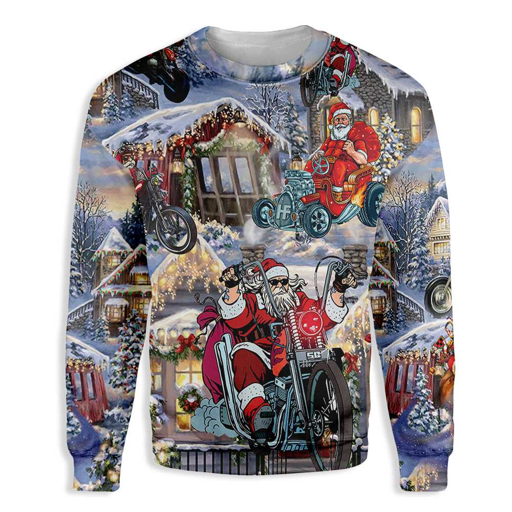 Funny Christmas Santa Claus Racing All Over Print Sweatshirt, Motorcycle Christmas Shirt