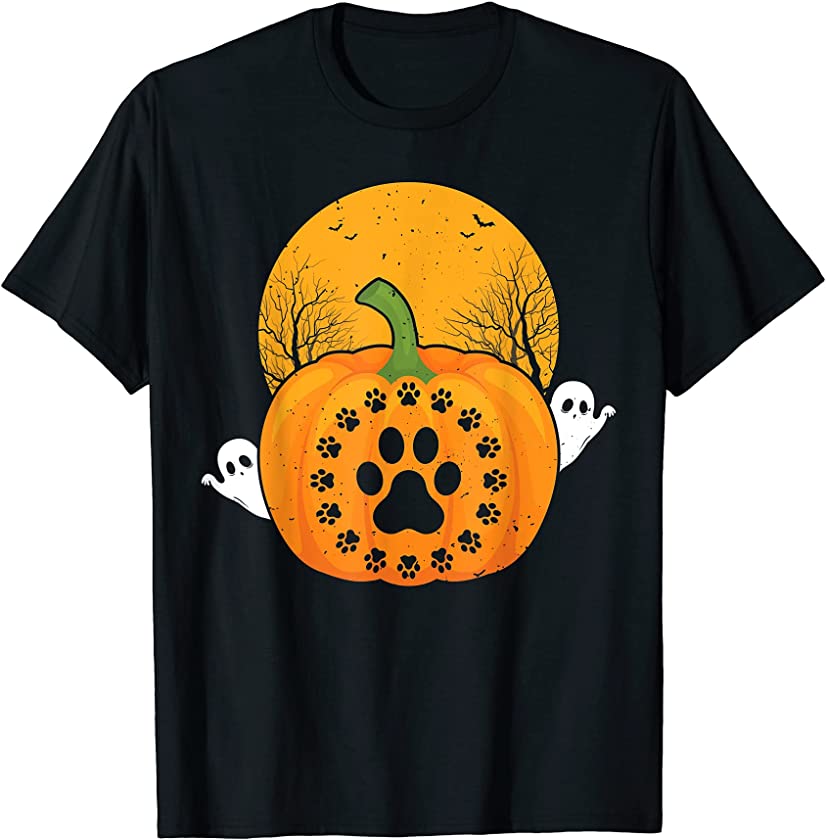 Pumpkin Dog Paw Halloween Puppy Lover Spooky Ghosts Dog Paws T-Shirt