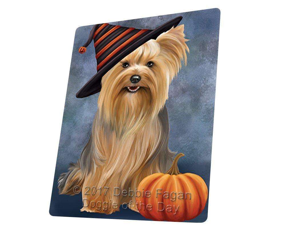 Happy Halloween Yorkshire Terrier Dog Wearing Witch Hat With Pumpkin Art Portrait Print Woven Throw Sherpa Plush Fleece Blanket