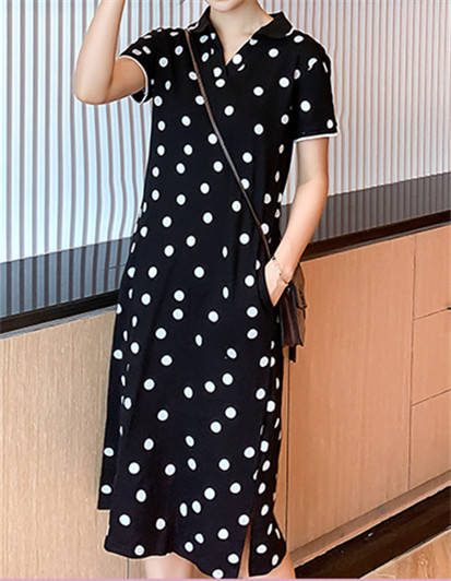 2022 Summer Polo Dress Women Dot Printing Turn-down Collar Dresses Cotton Elegant vestido Long Tshirtdress Female Casual Clothes alx