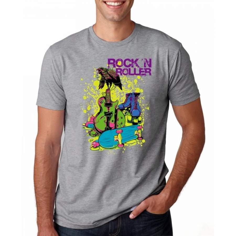 The latest fashion men’s funny rock n roller design print casual short-sleeved men’s gray T-shirt