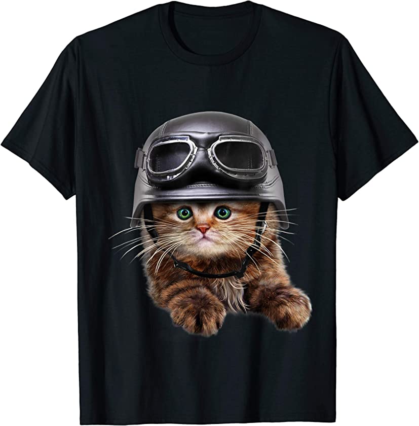 Brown Tabby Kitten in Motorcycle Helmet, Cat, T-Shirt