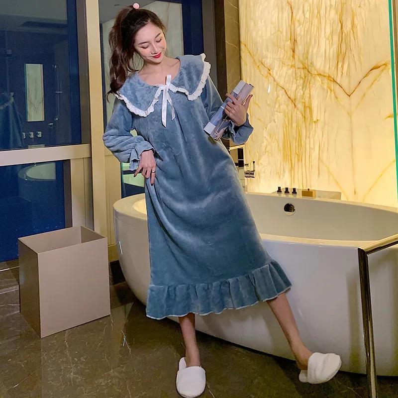 Thick Warm Elegant Flannel Nightgowns Women Simple Gentle Tender Fluffy Heating Single Breasted Nightdress Winter Soft Sleepwear alx