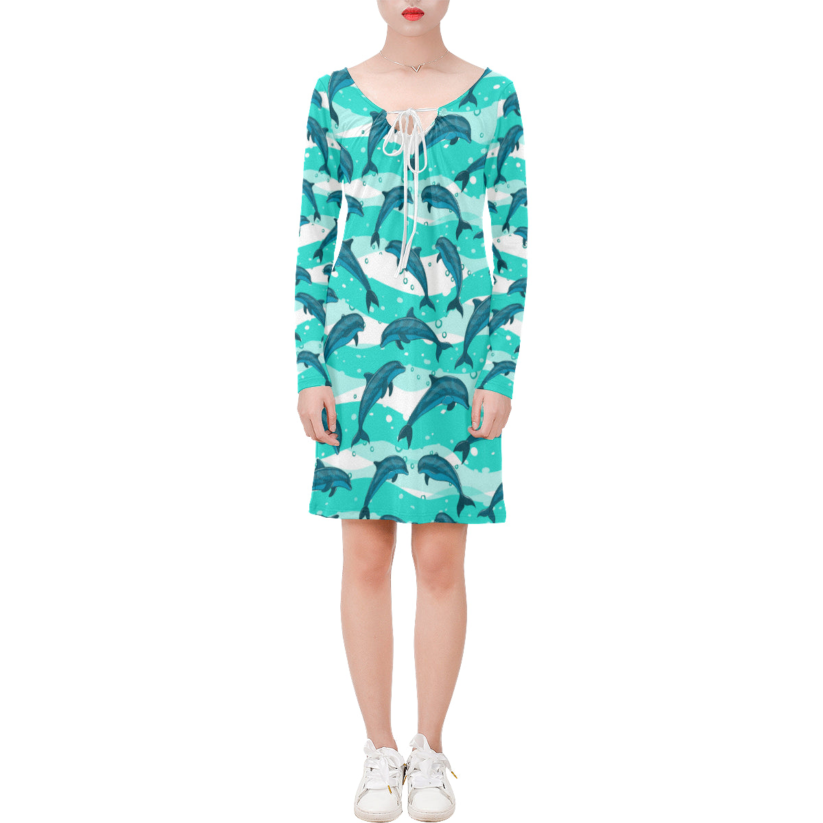 Dolphin Design Print Pattern Long Sleeves Dress