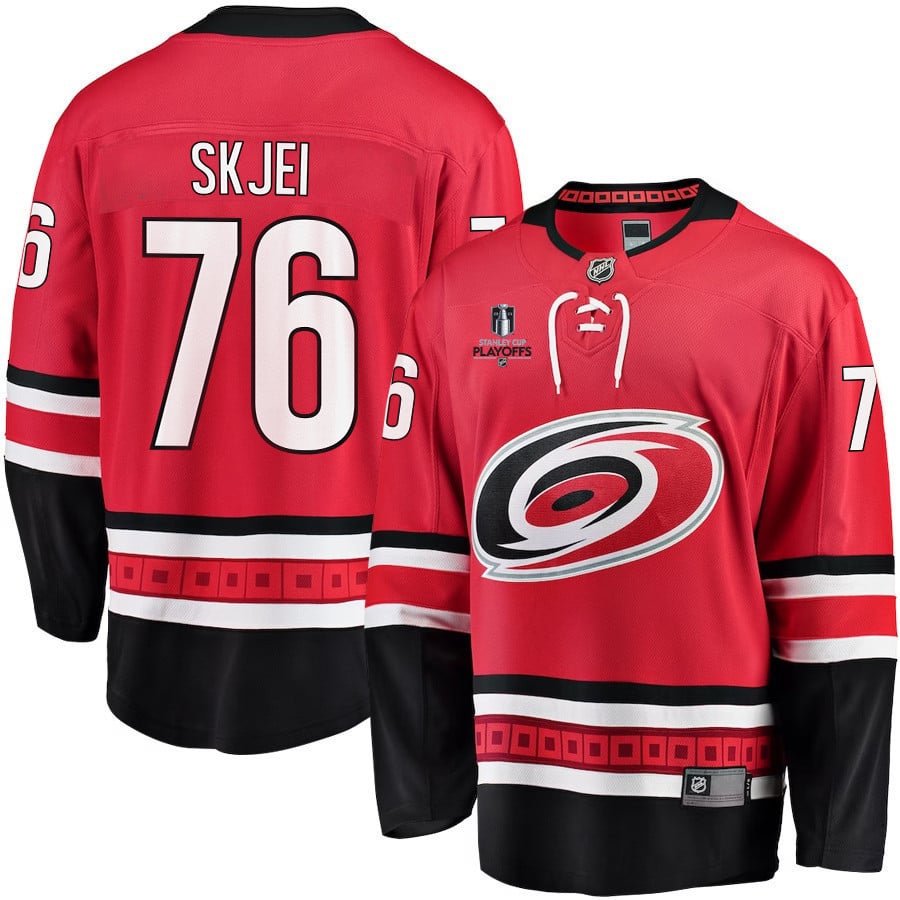 Brady Skjei 76 Carolina Hurricanes Stanley Cup 2023 Playoffs Patch Home Breakaway Men Jersey – Red