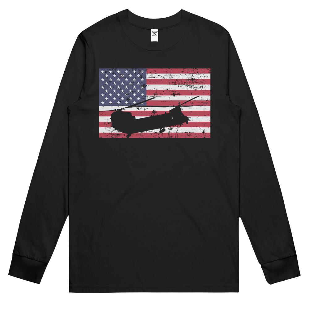 Patriotic Ch-47 Chinook Helicopter American Flag Long Sleeve T Shirts