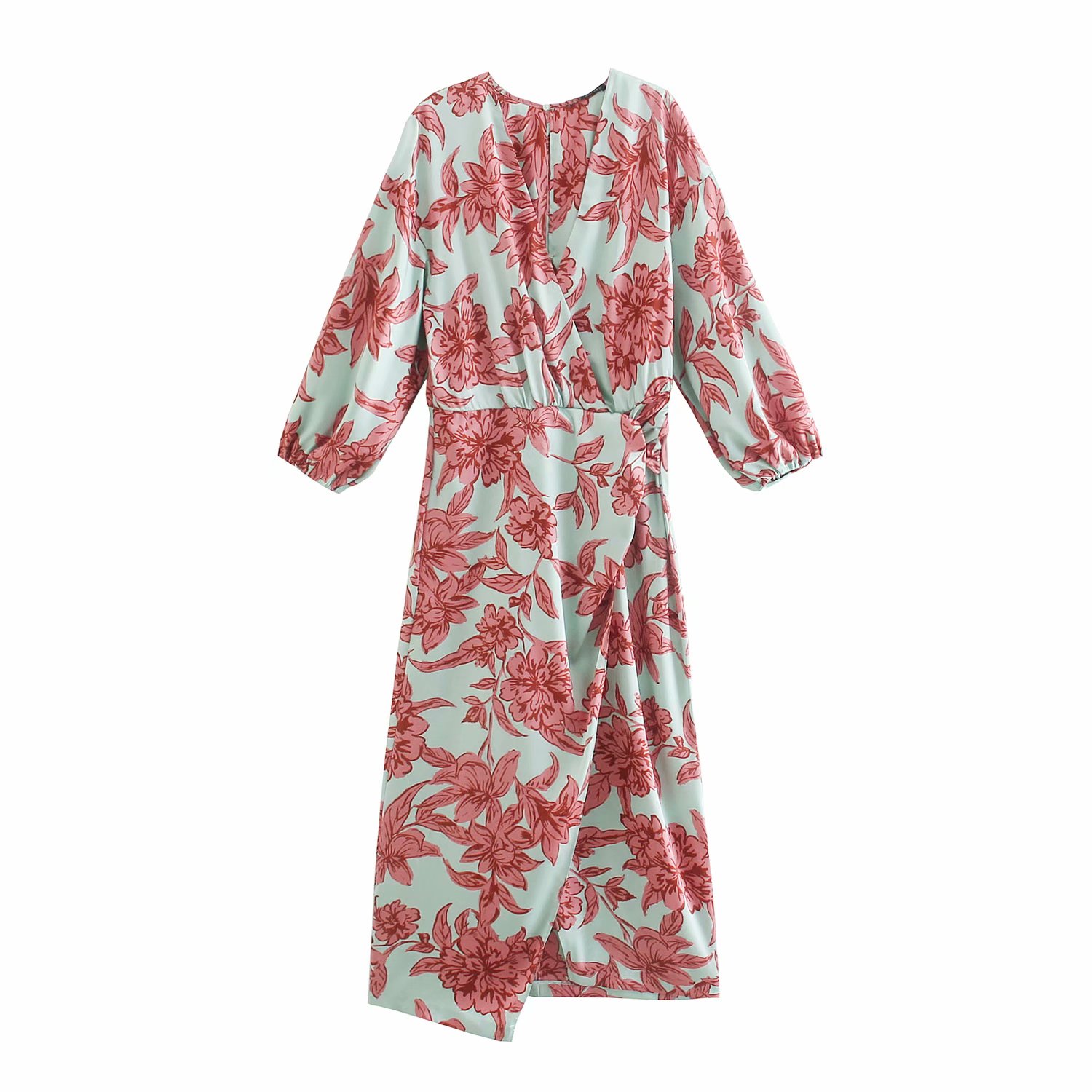 ZEVITY Women Vintage Cross V Neck Floral Printing Side Knotted Slim Kimono Midi Dress Female Three Quarter Sleeve Vestido DS8776 alx