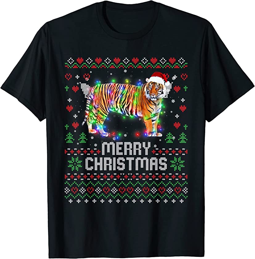 Tiger Santa Hat Animal Christmas Tree Lights Holiday Santa T-Shirt