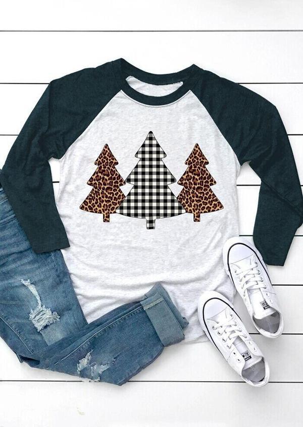 Christmas Trees Plaid Leopard Printed Baseball T-Shirt Tee – Light Grey