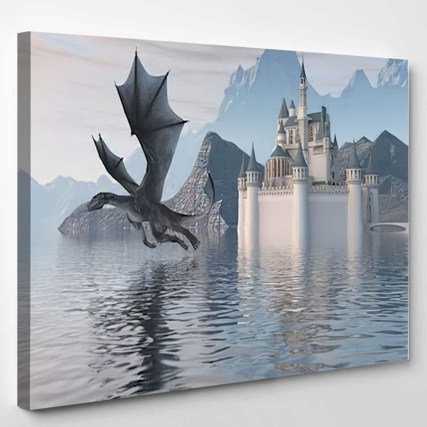 3D Illustration Castle On Water Dragon – Dragon Animals Canvas Print