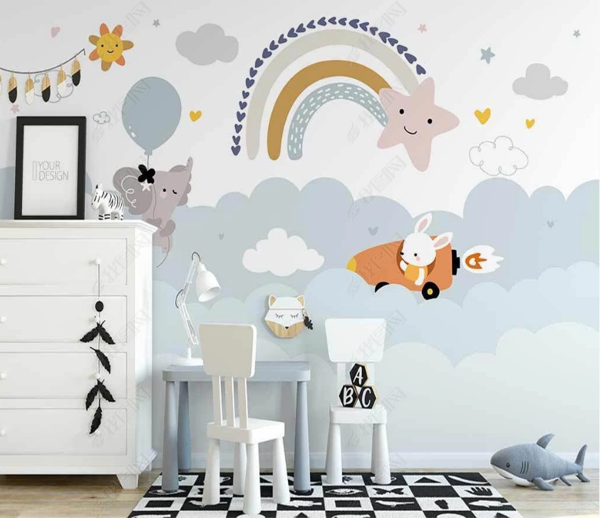 3D Hand Drawn Cloud Rainbow Rocket Rabbit Wall Mural Wallpaper Lqh 16