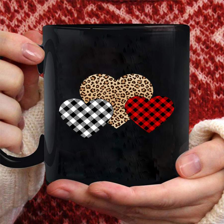 Coffee Mug Three Hearts Leopard Buffalo Plaid Valentine’s Day Mug – Black Mug