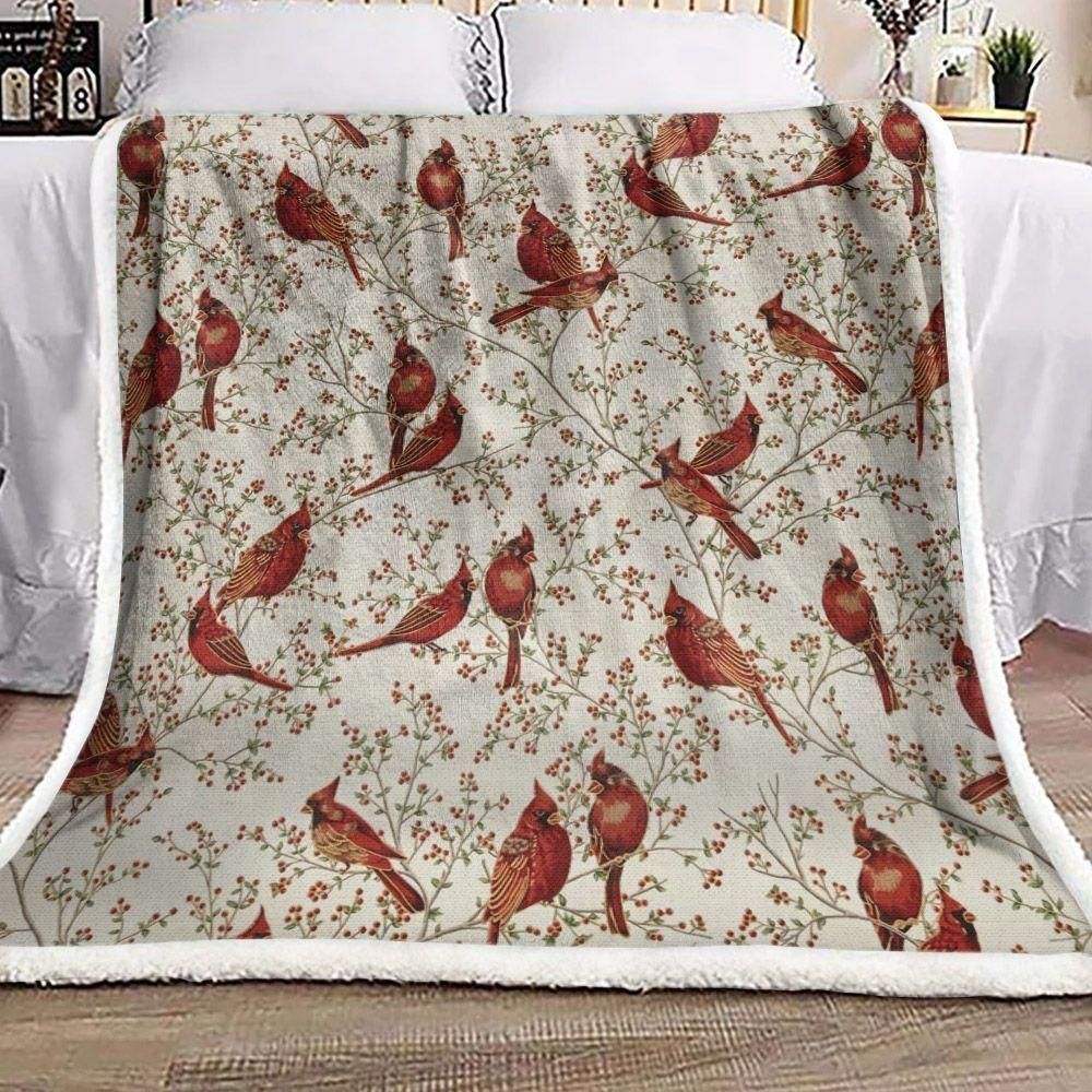 Cardinal Flock Of Birds Flowers  Fleece Blanket, Sherpa Blanket, Gift For Parent, Family Member, Friends Gift, Christmas Gift, Home Decor, Home Living