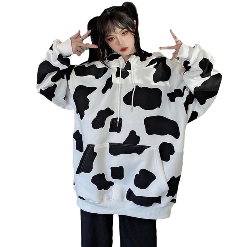 Women Harajuku Long Sleeve Drawstring Hoodies Funny Cute Milk Cow Printed Oversized Sweatshirt Hip Hop Casual Loose Pullover Top alx